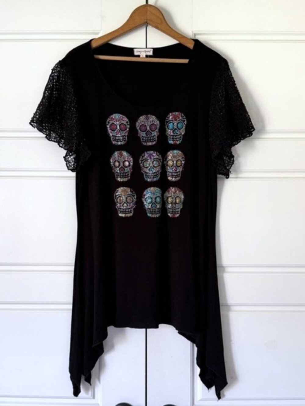 Song N Spirit Sugar Skull Top Womens XL Black Calavera Halloween Goth Rhinestone